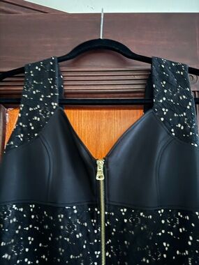 Guess Black Lace-Overlay Midi Dress with Gold Zipper